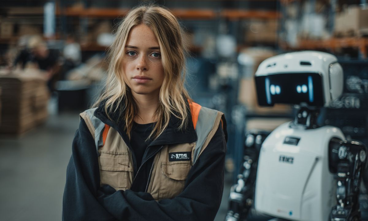 Young woman in a work vest standing beside a white humanoid robot in a warehouse, illustrating automation and worker safety
