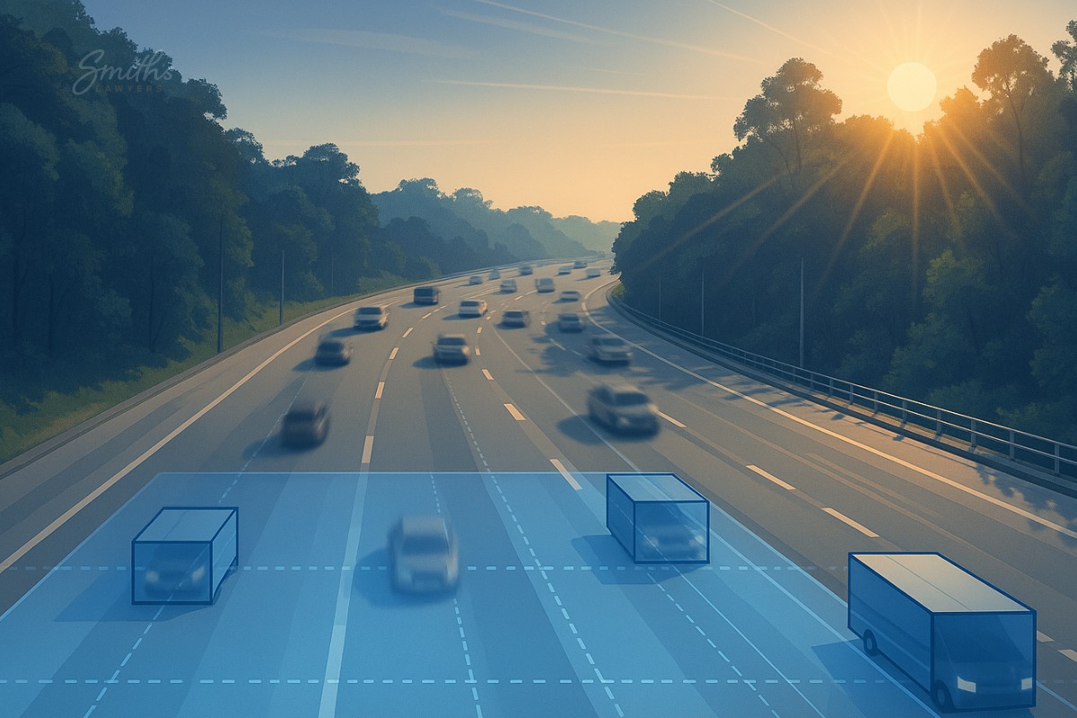 Illustration of a motorway at sunrise with highlighted vehicles and detection zones, illustrating smart road technology