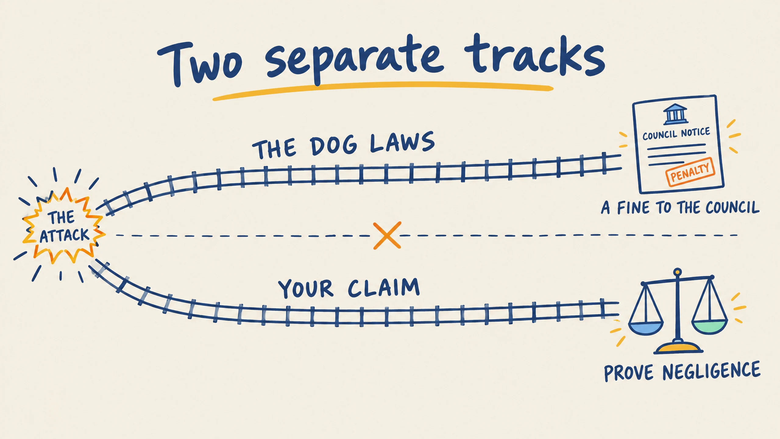 `Diagram showing two separate tracks from a dog attack in Queensland: one leading to a council fine under the dog laws, and the other leading to a negligence claim for compensation`