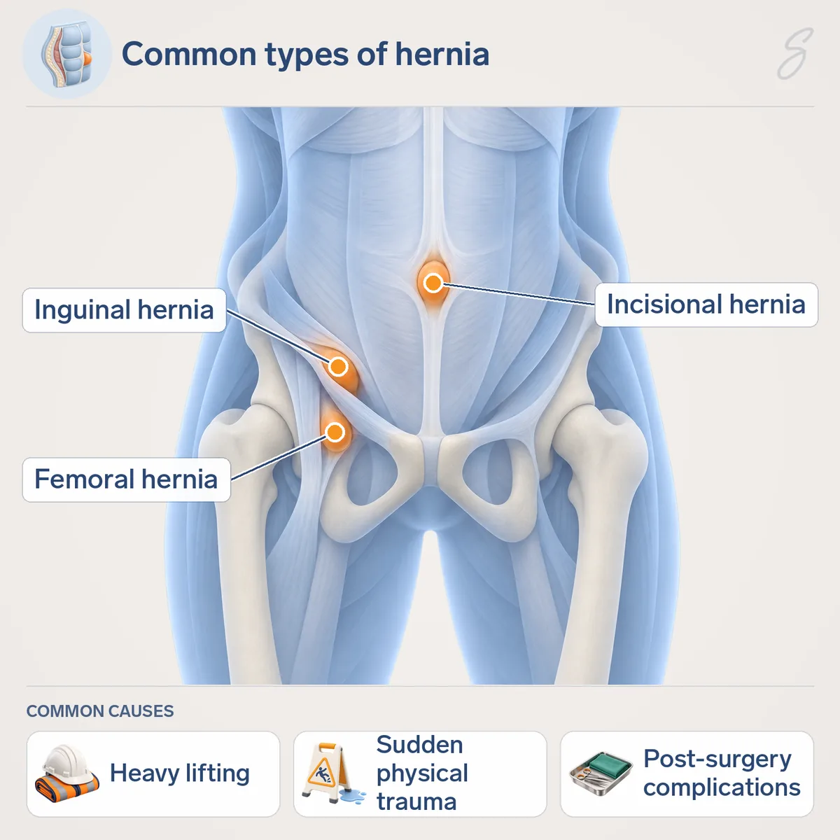 Diagram of the lower abdomen and groin labelled with an inguinal hernia, a femoral hernia and an incisional hernia. Common causes shown are heavy lifting, sudden physical trauma and post-surgery complications.