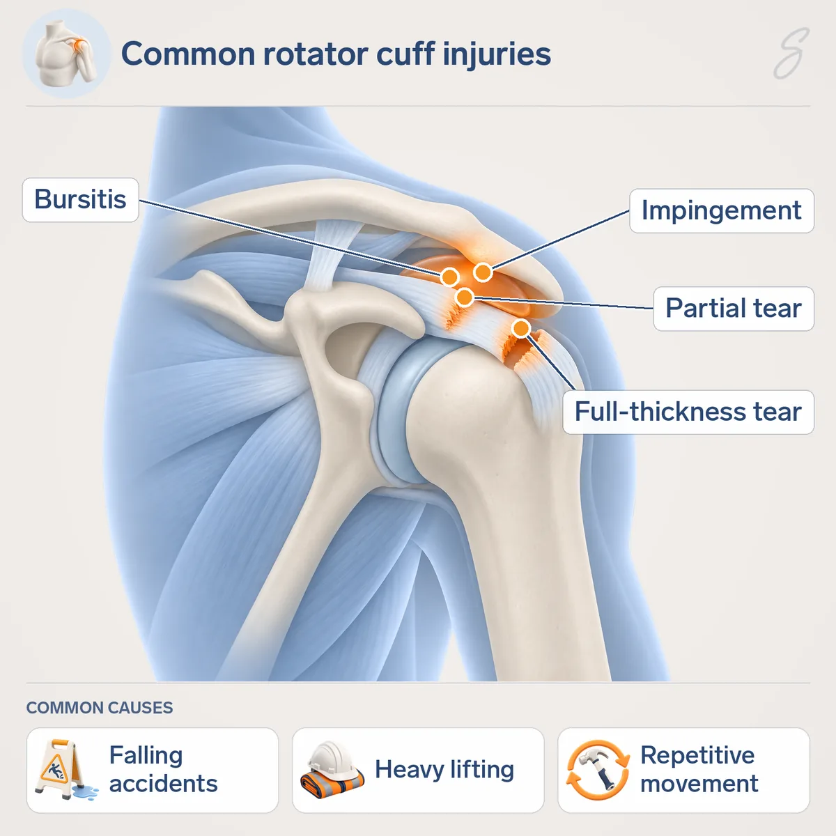Diagram of the shoulder joint seen from the side labelled with a partial tear, a full-thickness tear, impingement and bursitis of the rotator cuff. Common causes shown are falling accidents, heavy lifting and repetitive movement.