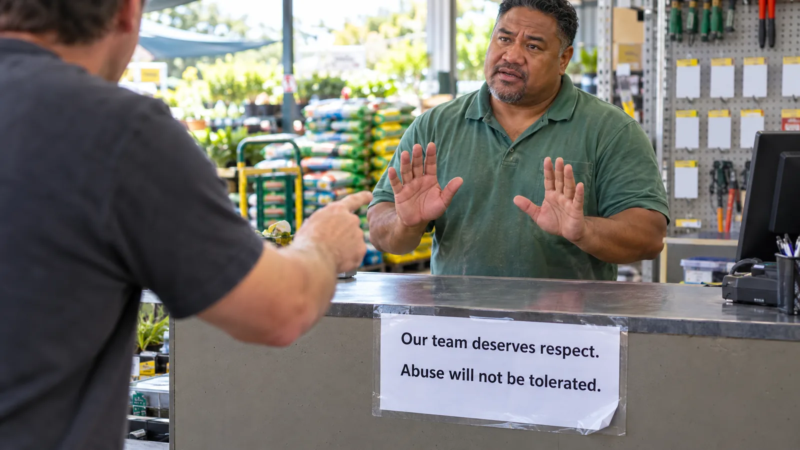 Retail worker behind a counter holding up both hands to calm an angry customer, beside a sign reading abuse will not be tolerated