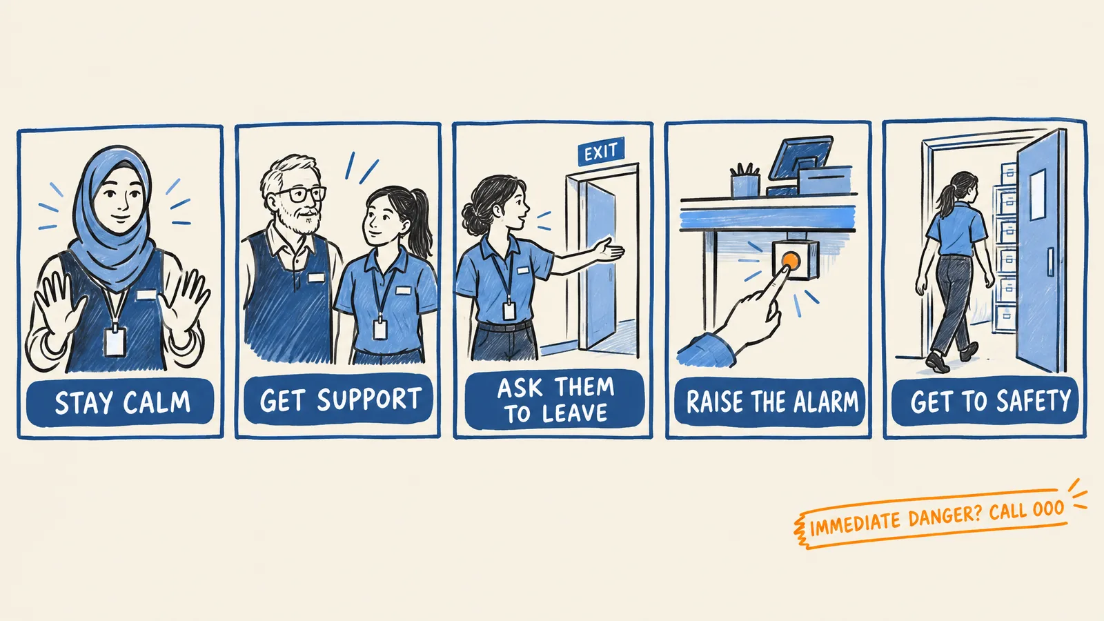 Five steps when a retail customer turns aggressive: stay calm, get support, ask them to leave, raise the alarm and get to safety