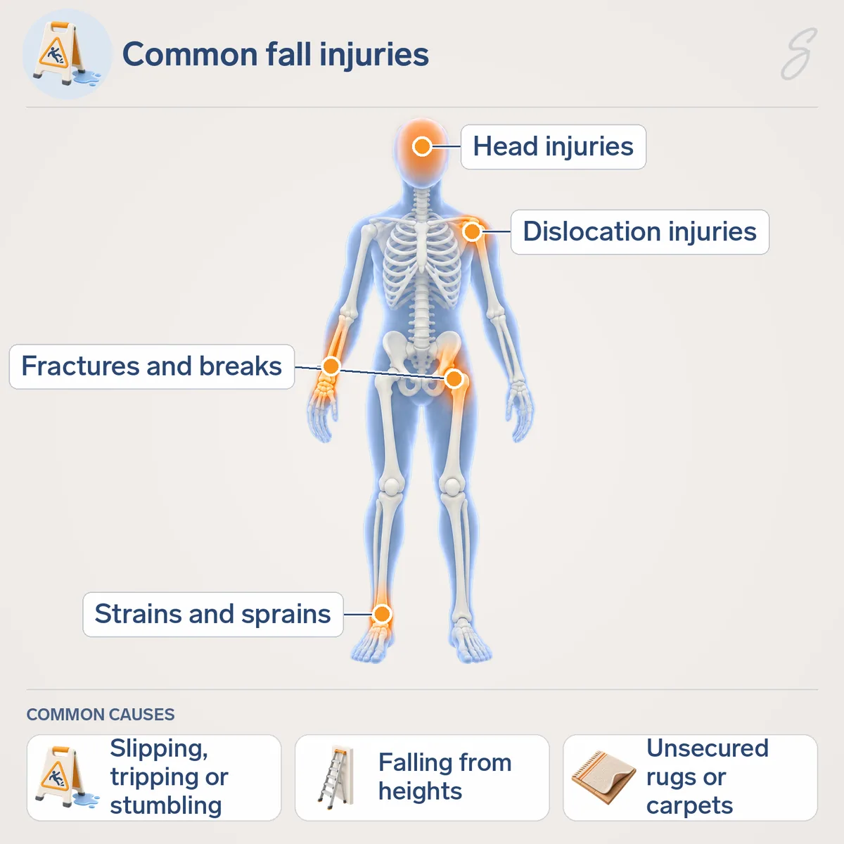 Body map of common fall injuries: fractures and breaks, head injuries, dislocation injuries, and strains and sprains. Common causes shown are slipping, tripping or stumbling, falling from heights, and unsecured rugs or carpets.