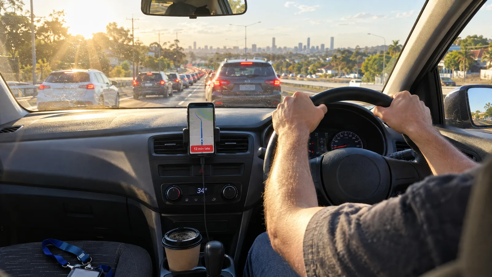A driver's hands gripping the steering wheel in slow late-afternoon traffic on a Brisbane road, with the phone navigation showing the trip running late.