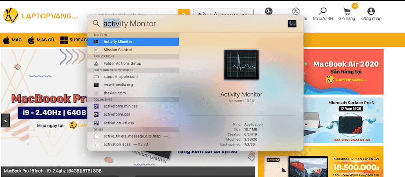 Mở Activity Monitor bằng Spotlight