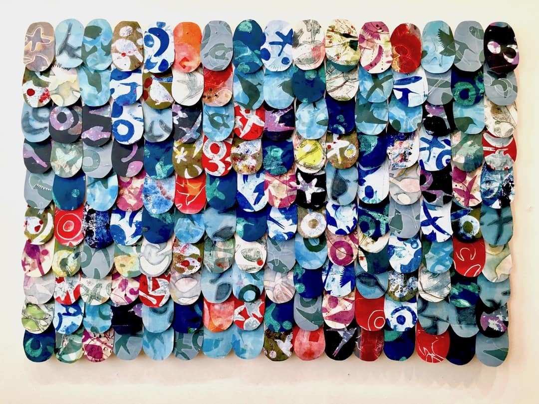 Flutter and Fly | collage of 180 monotypes, paint, ink, galvanized steel and magnets, 36" x 60" x 4"