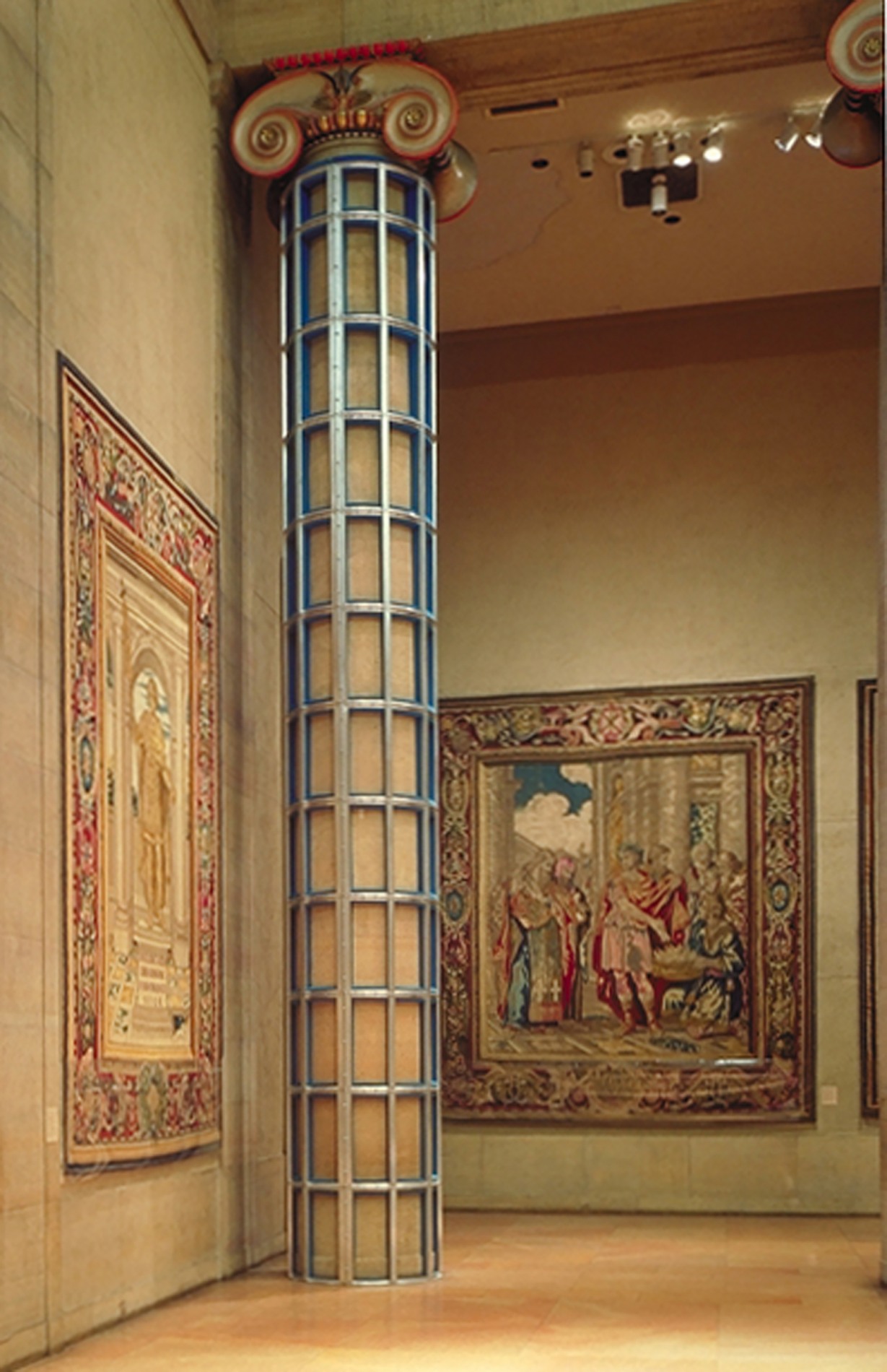 “Crate for the Museum” 1998, aluminum, foam, Column is about 45’ tall by 40” diameter, installed at the Philadelphia Museum of Art