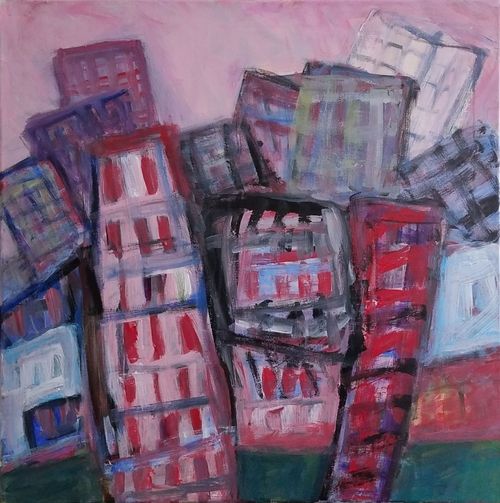 "City / Red Buildings" 2019, acrylic on canvas, 24" x 24"