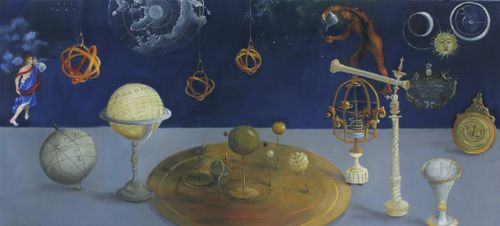 "Orrery and Astrolabe" 2021, oil on canvas, 24 x 56 inches