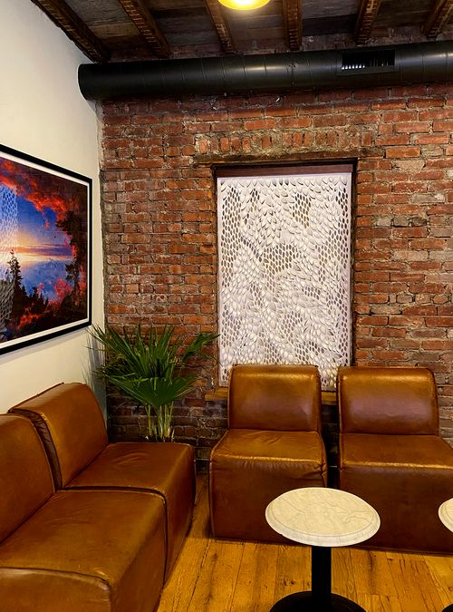 "Leaf Scroll (straight edge)", 2021, hand-cut Tyvek, walnut hanger, 60” x 36” x 2”