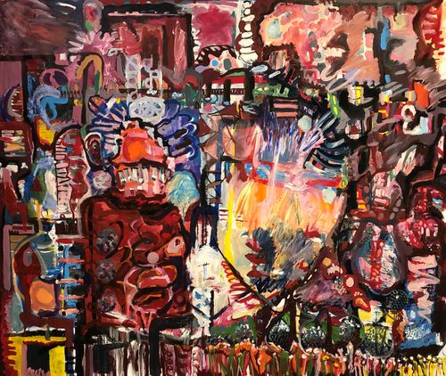 "Ritualistic Deities," 2021, acrylic on canvas, 62" x 72"