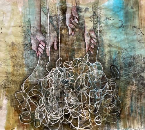 "Undone 4" water2023, color and gouache paints over monoprint on paper, 17.5" x 20"