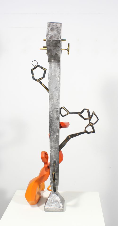 "Filament" steel, brass, MDF, plywood, cast plastic, acrylic paint, light, 68.5" x 15" x 15.5" (Includes pedestal)