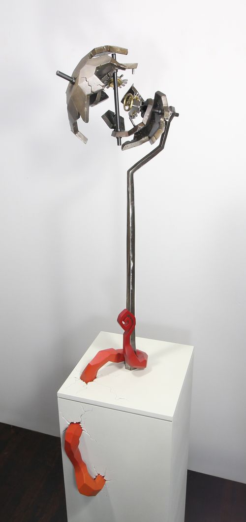 "GeoGyro" steel, brass, MDF, plywood, cast plastic, acrylic paint, light, 67" x 13" x 14" (Includes pedestal)