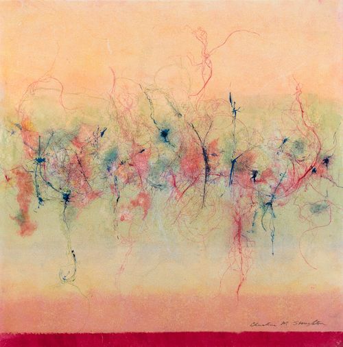 "Strung Along #3" ink monotype collage on wood panel, 11.75" x 11.75""