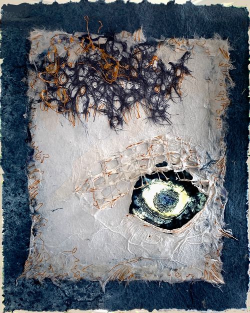 "Blue Eye Looking at You" 2014, handmade abaca & denim papers, acrylic transfer, and netting dipped in pulp, 14.5" x 17"