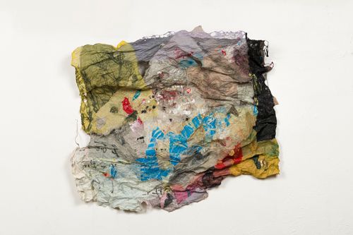 "Joomchi/Prints to Pleats Two Handmade Paper (Hanji), Acrylic, Paper Lithograph Print, Monotype and String 33” x 38” x 2”