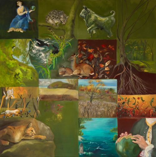 "Maps of Three Continents" 2024, oil on canvas, 40 x 40 inches