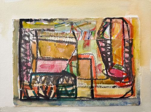"At Home" 2023, watercolor, gouache, graphite, artist crayons, watercolor markers, collage on paper, 11 x 14 in