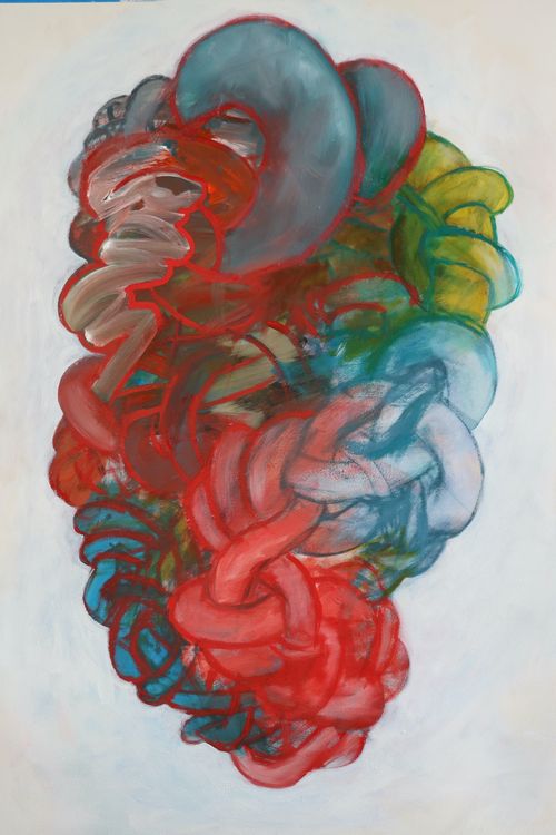 " How To Achieve Work-Life Balance" by Elizabeth Pratt, oil on paper, 2021, 30 x 22 x 1