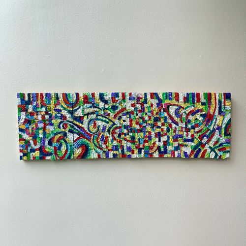 " Mingling" by Bruce Hoffman, oil paint on 4 boards, 2024, 10 x 32"