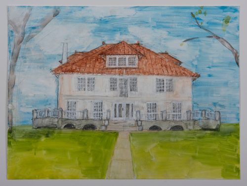 “The House” 2020, watercolor, gouache, and graphite on Yupo paper, 9″ x 12″