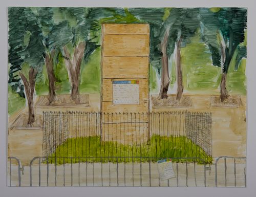 “Boxed Columbus” 2020, Marconi Plaza, watercolor and graphite on Yupo paper, 9″ x 12″