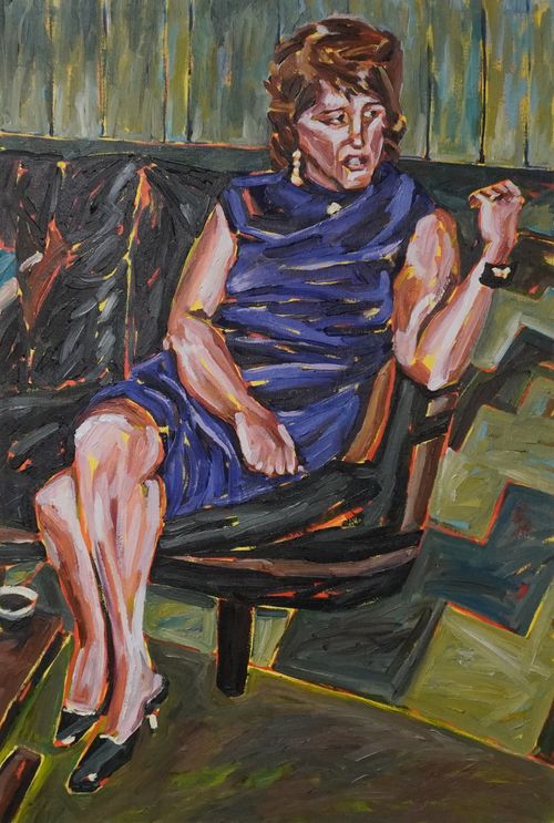 “Dorothy on a Barrel Shaped Couch 1970” oil on canvas, 36” x 24”