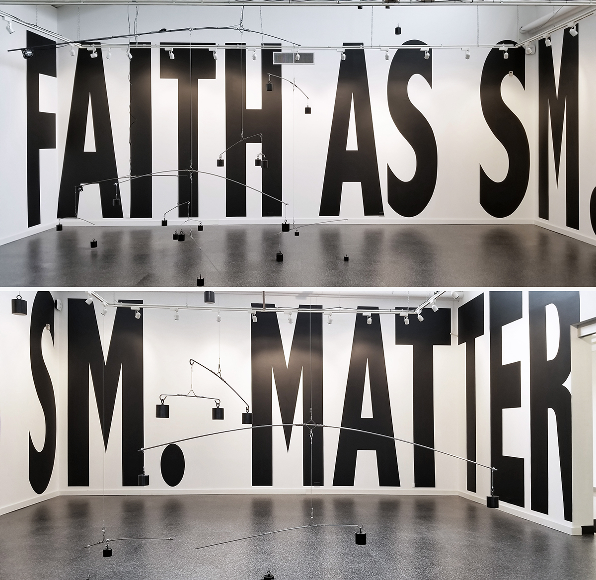 “Faith as Small Matter” 2018, two views of room Installation, latex on wall, approximately 13' x 45'