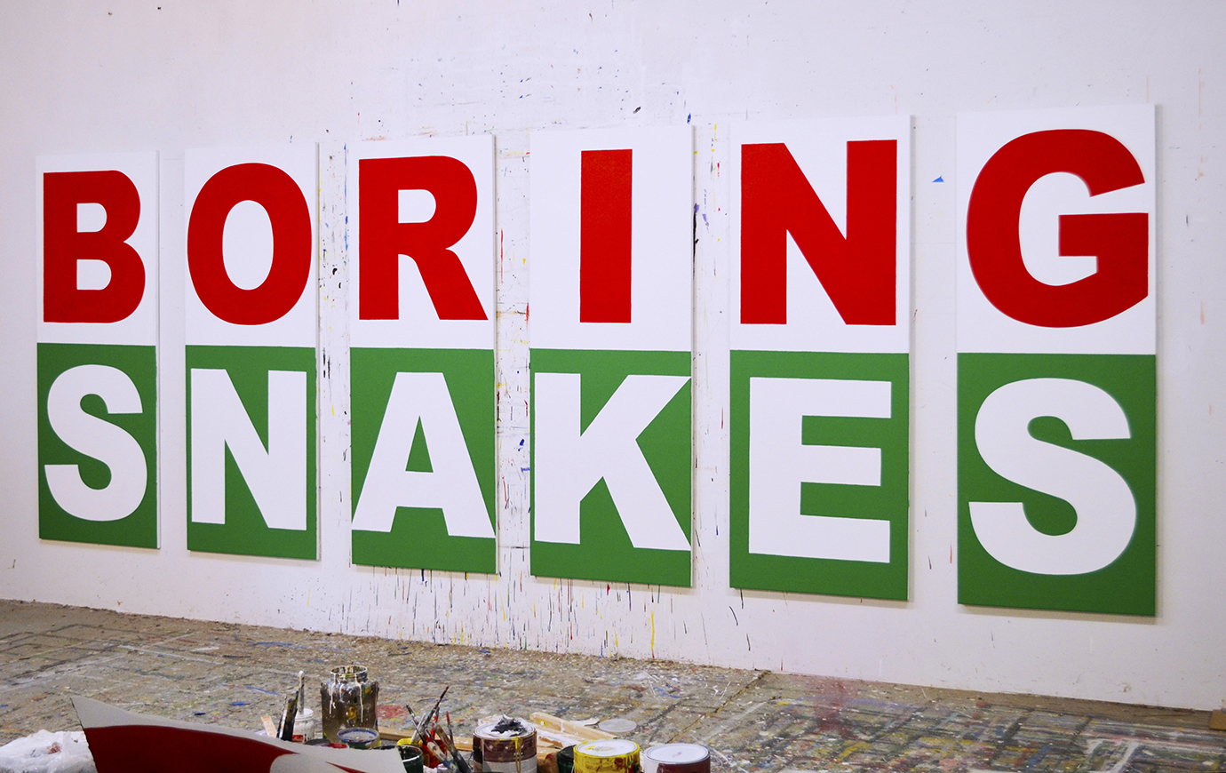 “Boring Snakes” 2020, ink and latex on canvas, each panel 65” x 25” total size 65” x 220”