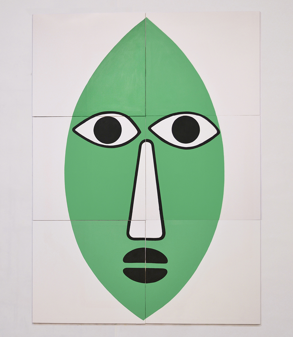 “Green Mask” 2023, ink and latex on canvas, each panel 35.5” x 32” total size, 96” x 71”