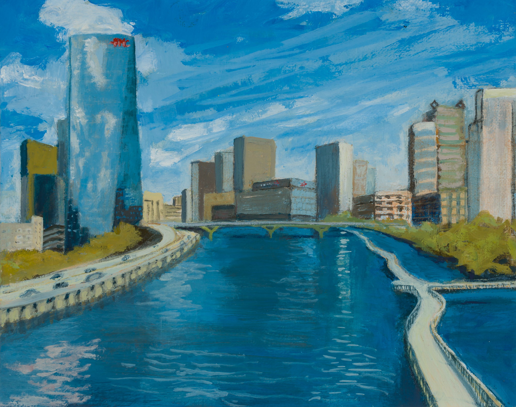 "Center City Seen from the Schuylkill River" acrylic, 8 x 10 inches
