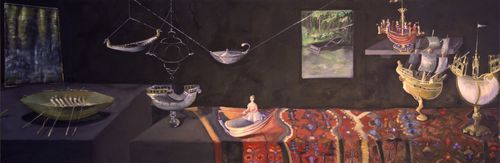"Naviculae and Nefs" 2018, oil on canvas, 20 x 60 inches