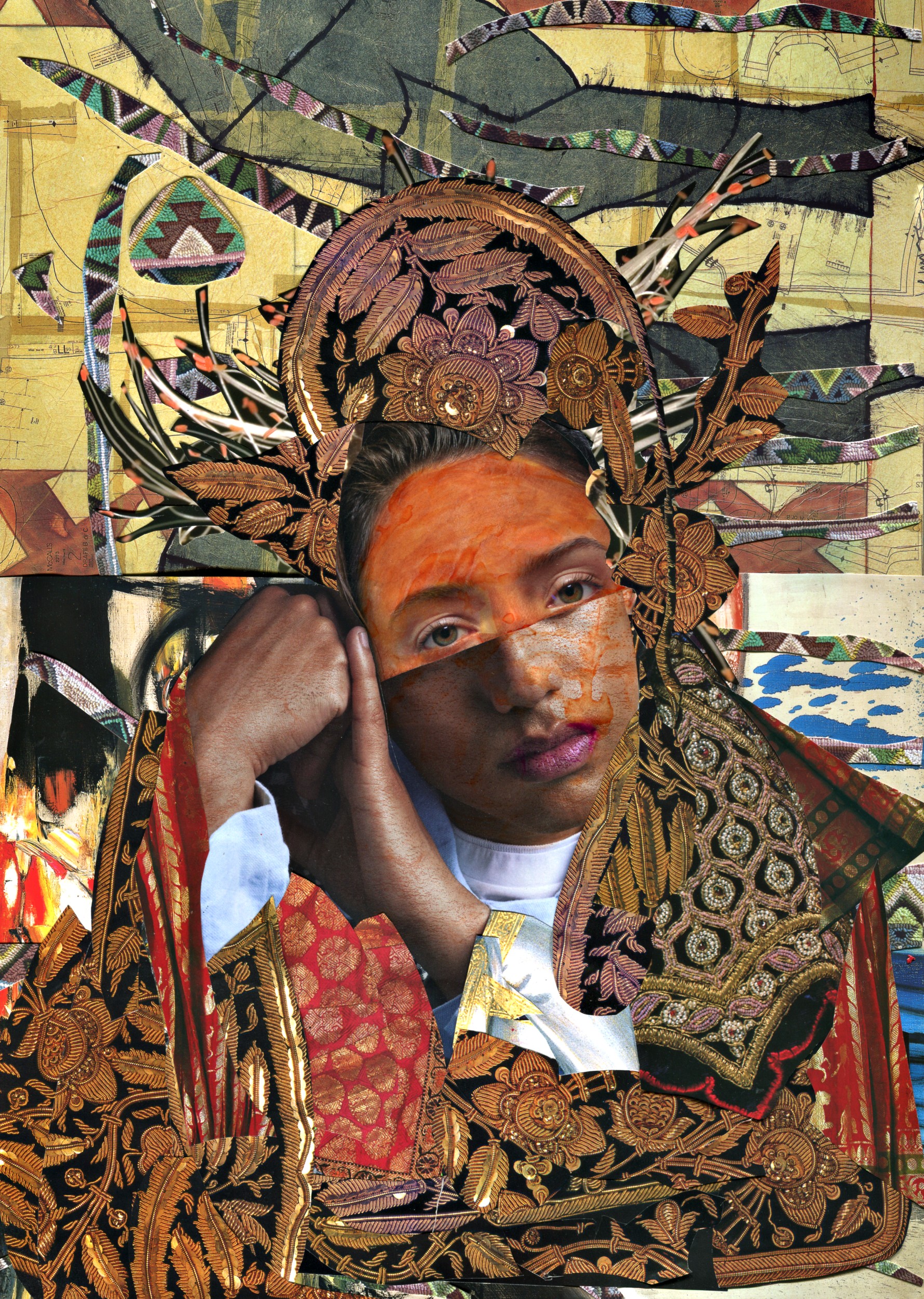 “Iconic” mixed medium collage: paper on paper, watercolor, pastels,  16.81 W × 21.69 H inches