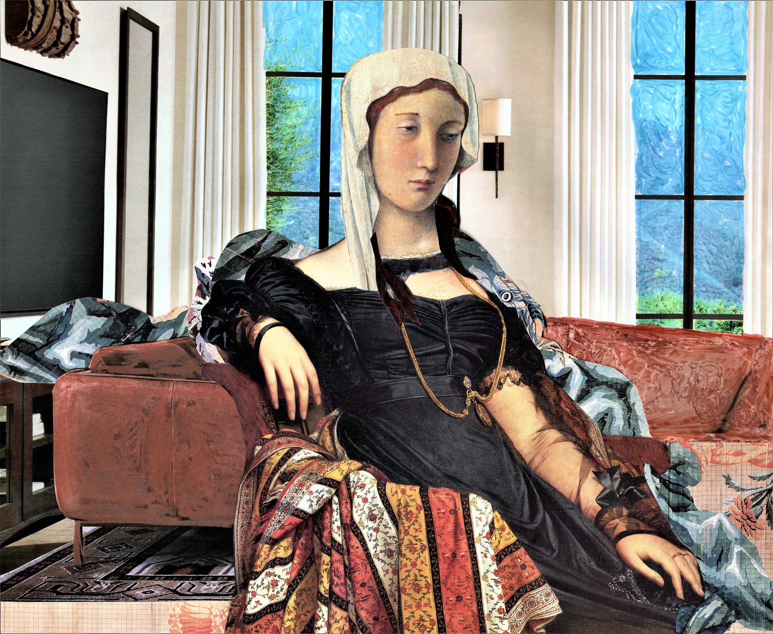 “Living Room Window” mixed medium collage: paper on paper, watercolor, pastels, 18.00 W x 17.00 H inches