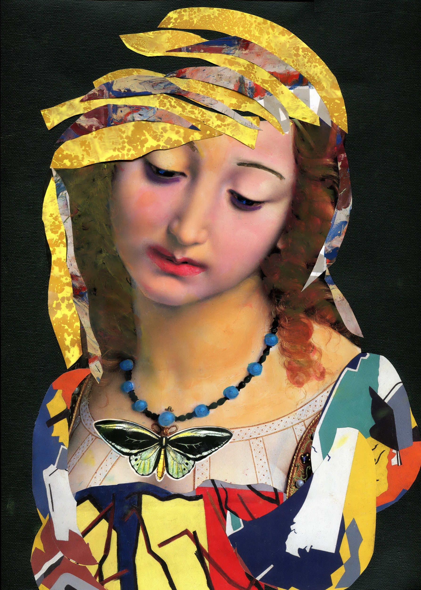 “Flower Child” mixed medium collage: paper on paper, watercolor, pastels, 19.00 W x 23.00 H inches