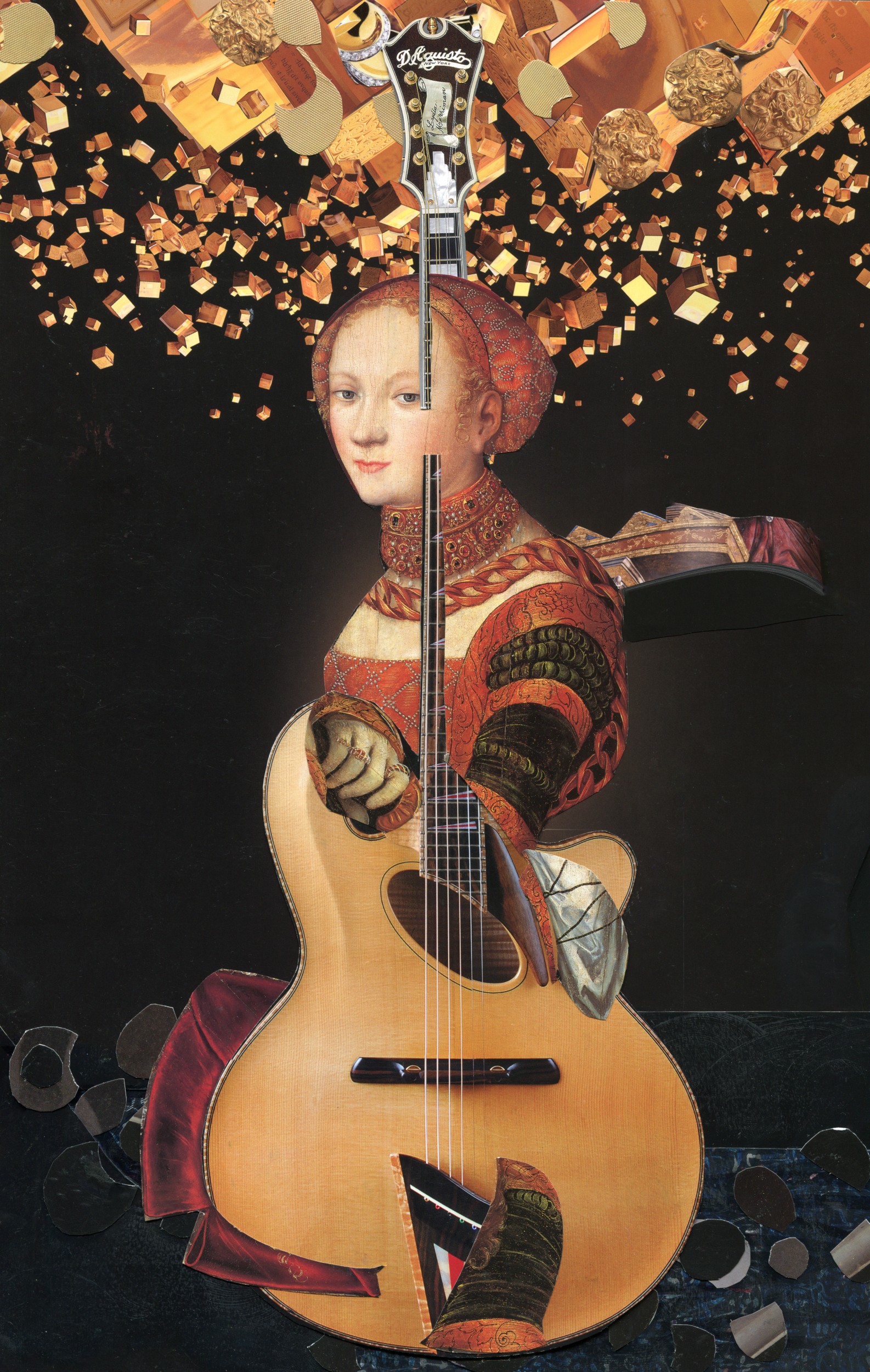 “Guitar Muse” mixed medium collage: paper on paper, watercolor, 17.25 W x 24.25 H inches