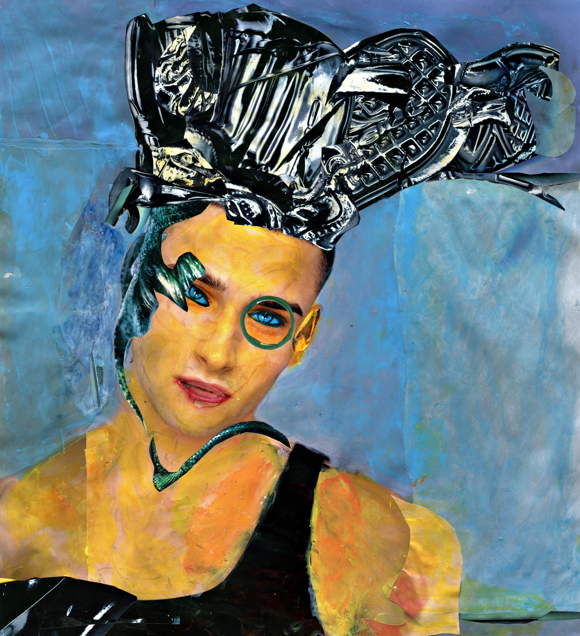 “Blue is For Boy” mixed medium collage: paper on paper, watercolor, pastels, 24.06  W x 25.56 H inches