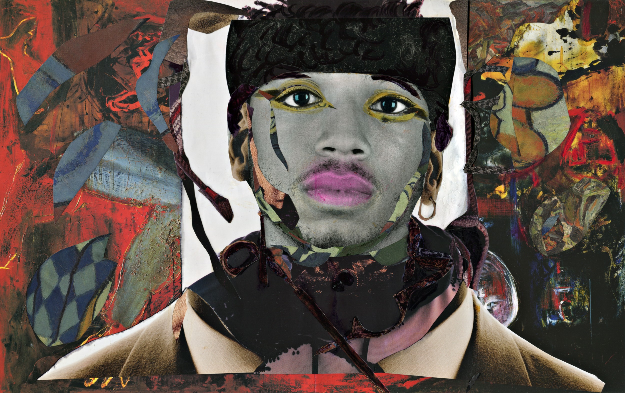 “Macho Androgyny” mixed medium collage: paper on paper, watercolor, pastels, 24.5 W x 17.5 H inches