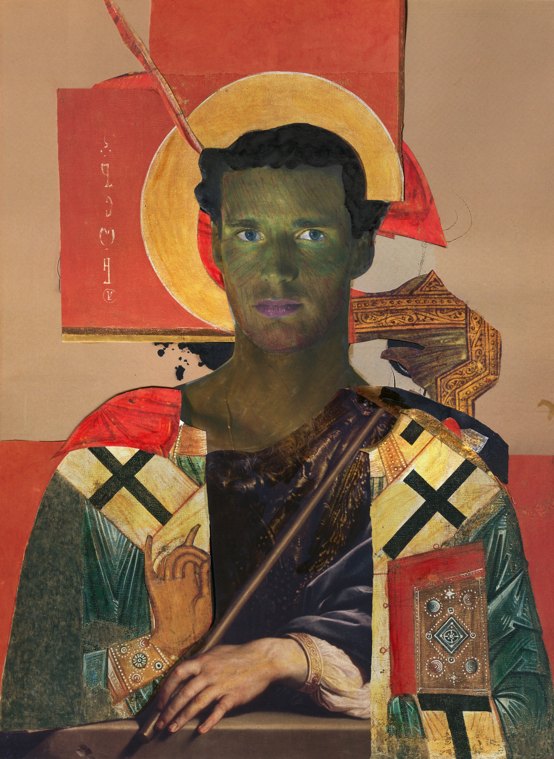 “Guardian Angel” mixed medium collage: paper on paper, watercolor, pastels, 17.50 W x 22.00 H inches