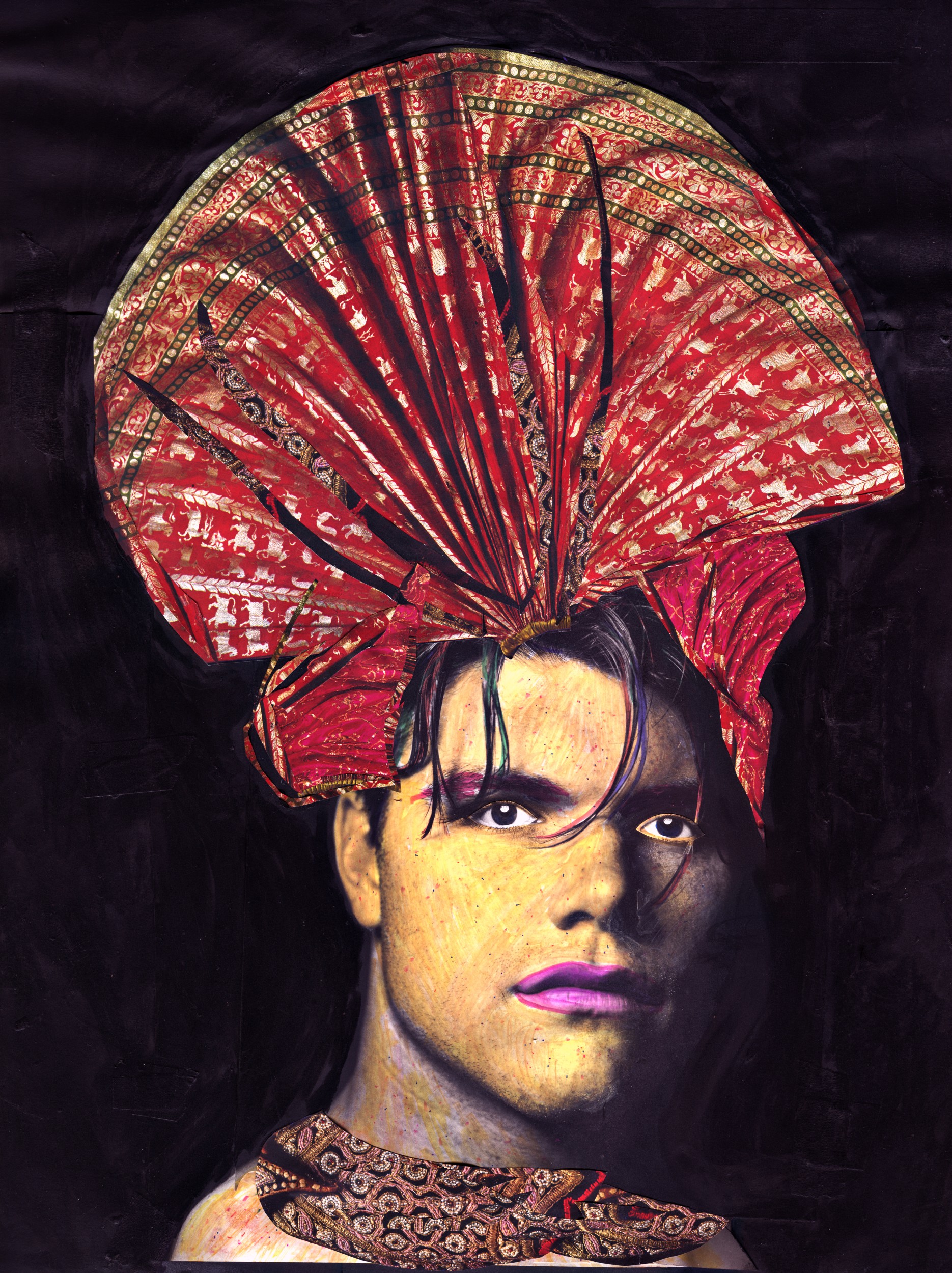 “Crowned Identity” mixed medium collage: paper on paper, watercolor, pastels, 23.75 W x 29.75 H inches