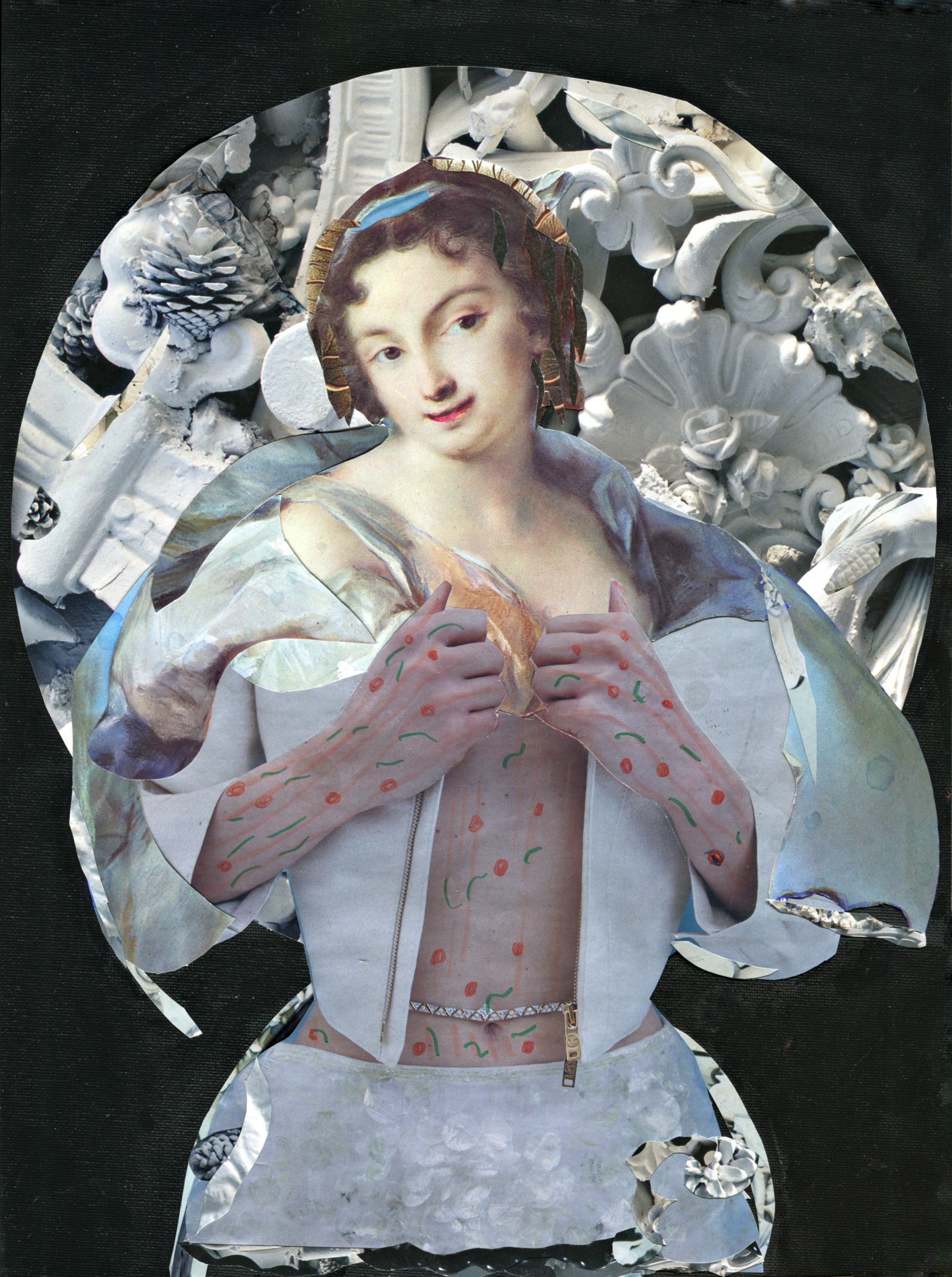 “Tattoos From the Heart” mixed medium collage: paper on canvas, watercolor, pastels, 17.00 W x 21.00 H inches