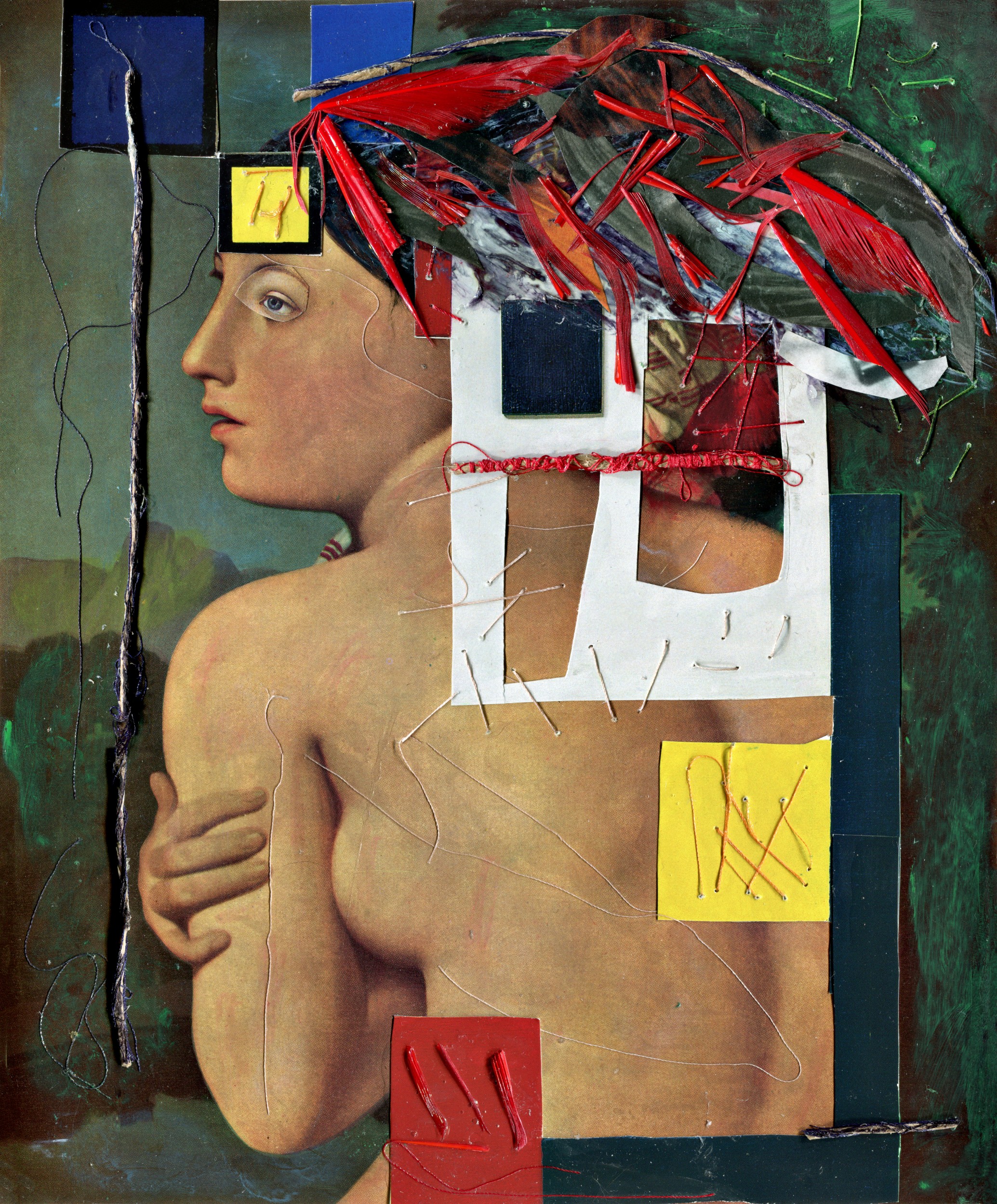 “Smallpox Blankets” mixed medium collage: paper on paper, watercolor, pastels, string, 12.31 W x 14.19 H inches