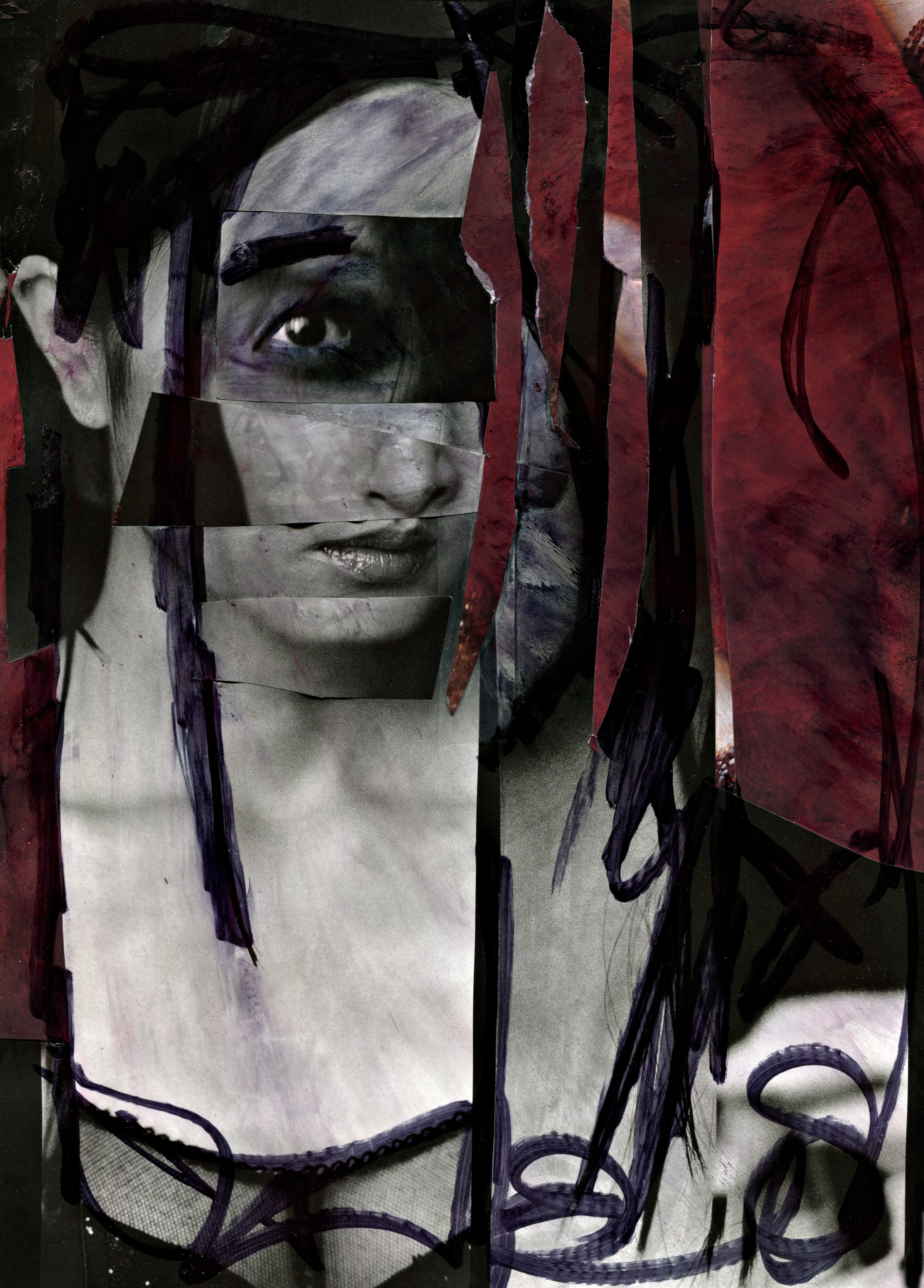 “Fragmented Visibility” mixed medium collage: paper on paper, watercolor, pastels, 13.60 W x 17.10 H inches