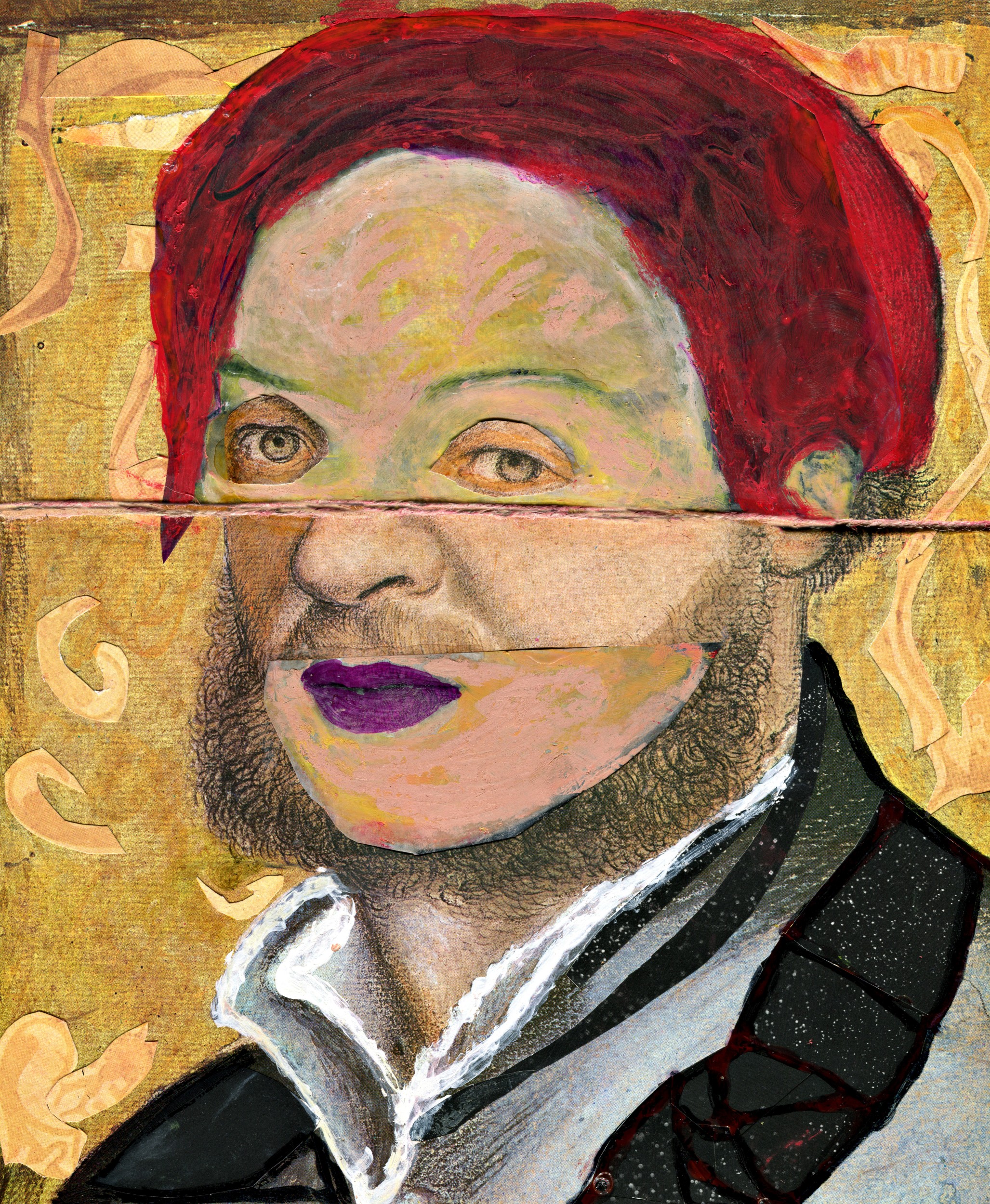 “Mars Transitioning” mixed medium collage: paper on paper, watercolor, pastels, string, 16.50 W x 18.31 H inches