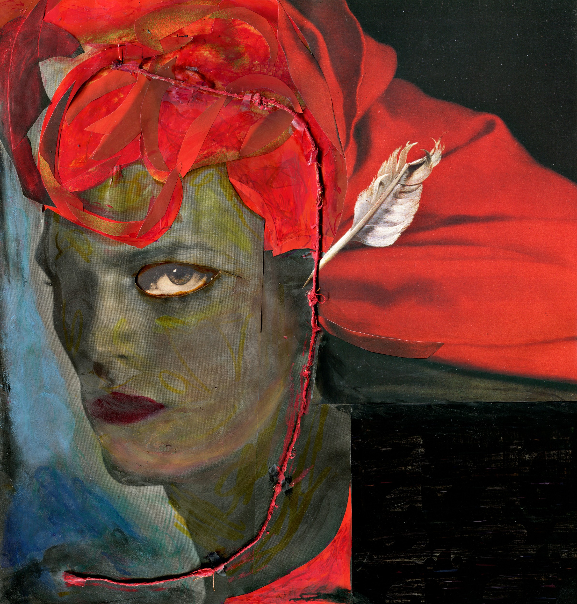 “Red is for Radical” mixed medium collage: paper on paper, watercolor, pastels, string, 14.00 W x 14.00 H inches