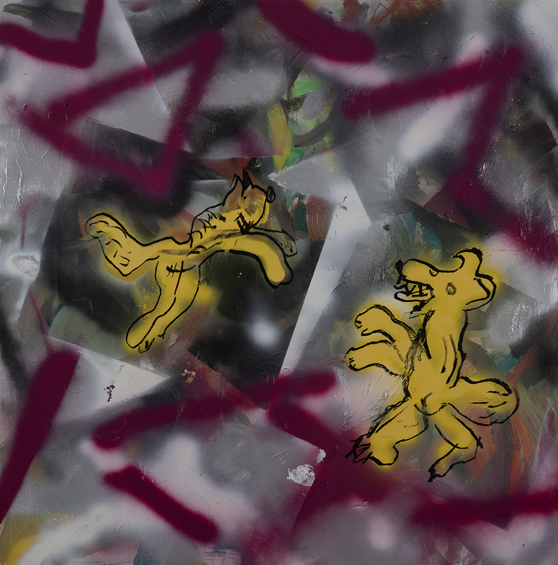 “Dogs and Cats” acrylic/mixed media on pre-primed un-stretched canvas, 40" x 40"