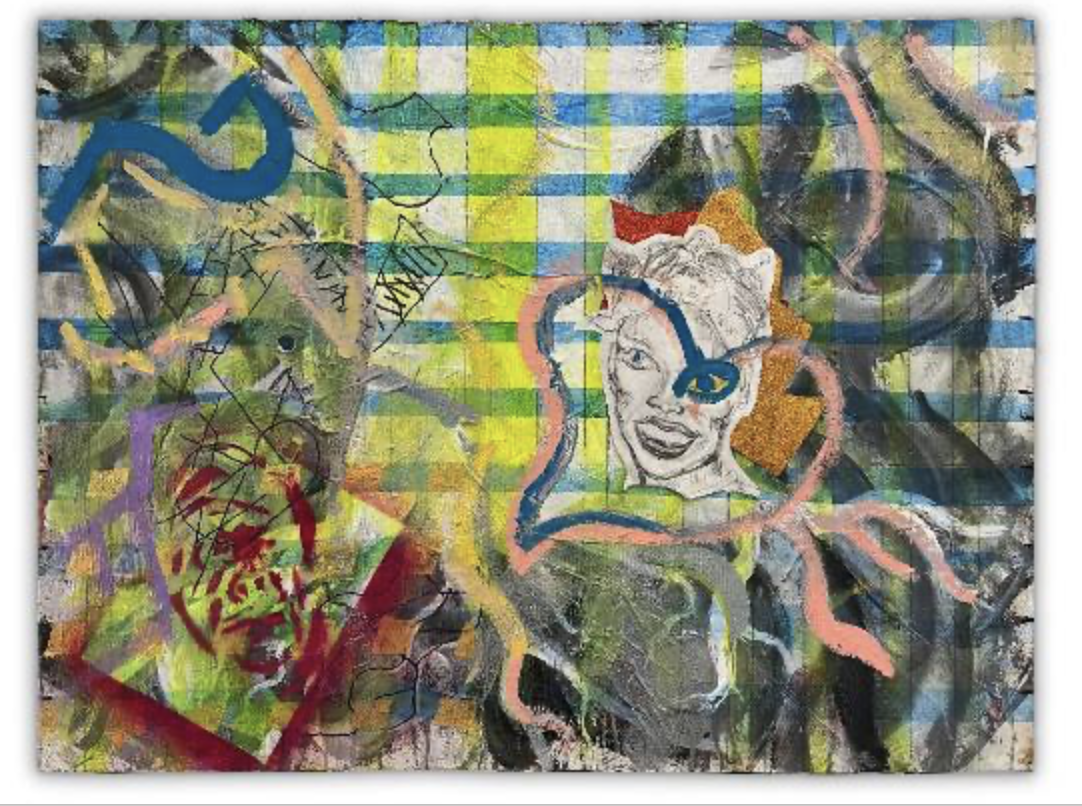 "Oshuns Lair" mixed media/collage, oil and acrylic on canvas, 30" x 40"