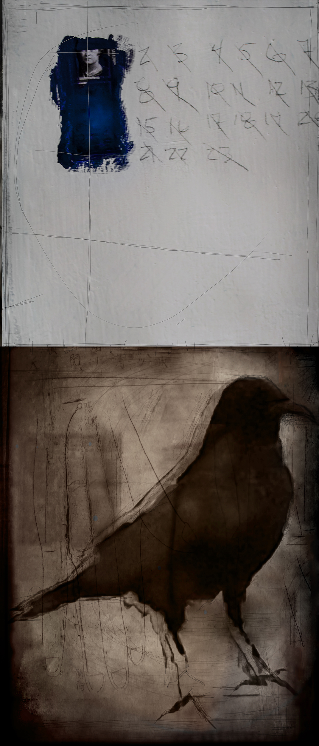 "Looking Out, Looking In" mixed media on canvas, 18 x 42 inches 